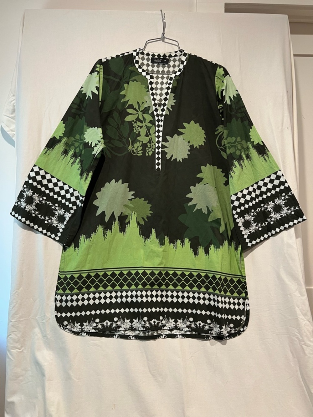 Kaprey Cotton Tunic Medium Green Black Floral Geometric Print Boho Top